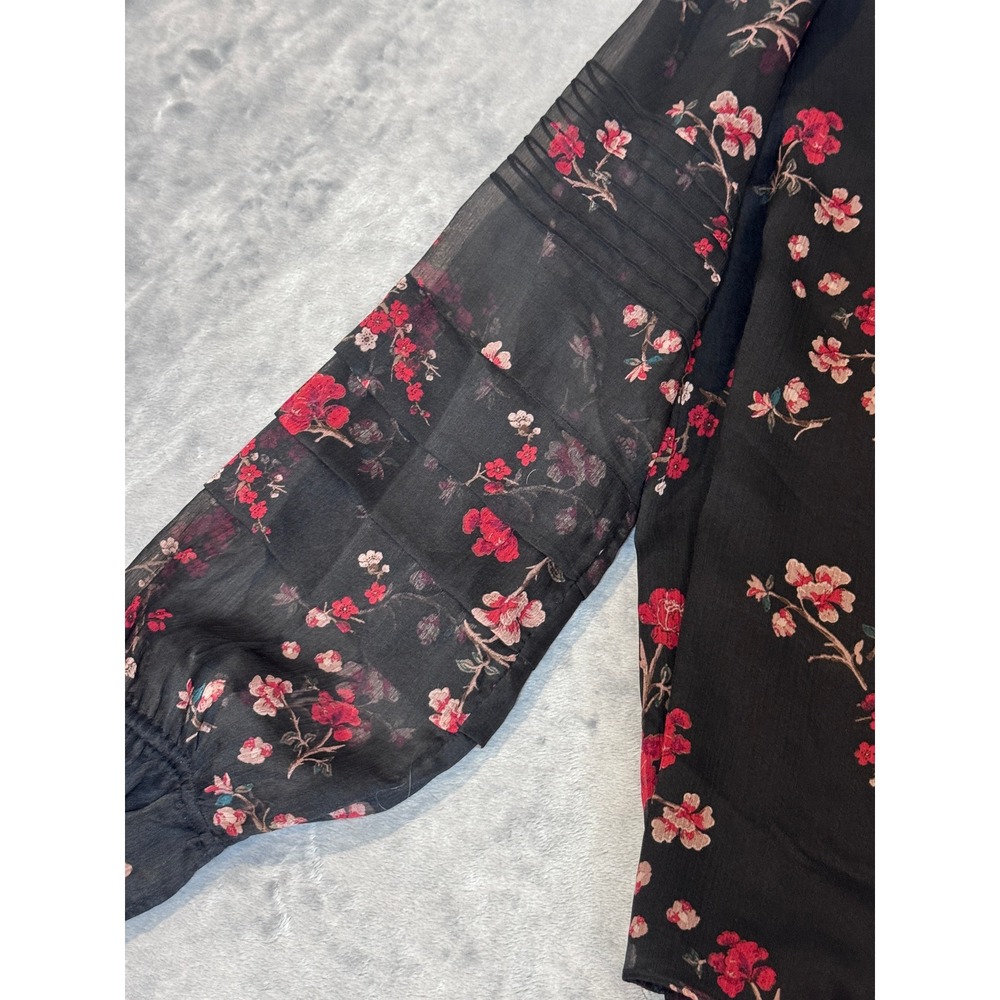 Lauren Ralph Lauren Floral Tie Neck‎ Blouse Black Red Sheer Sleeve XL READ - Picture 5 of 6